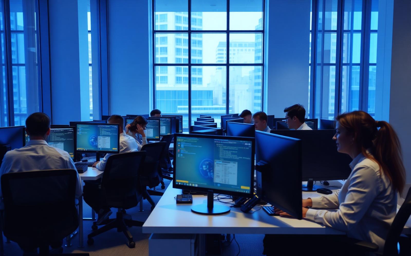Equipe de desenvolvedores da Shanghai Systems trabalhando em um escritório moderno
